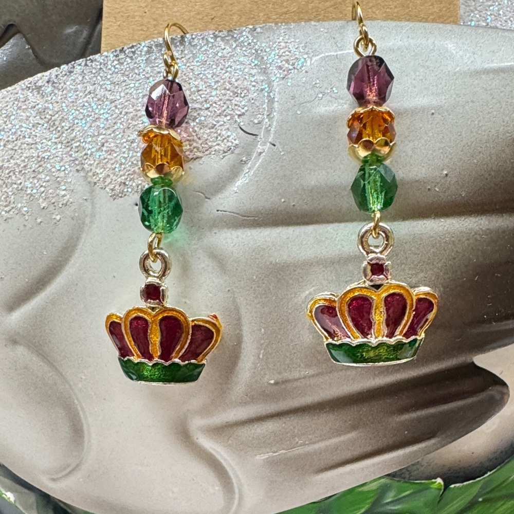 Mardi Gras Crown Drop Earrings with Multicolor Beads 2/$22
